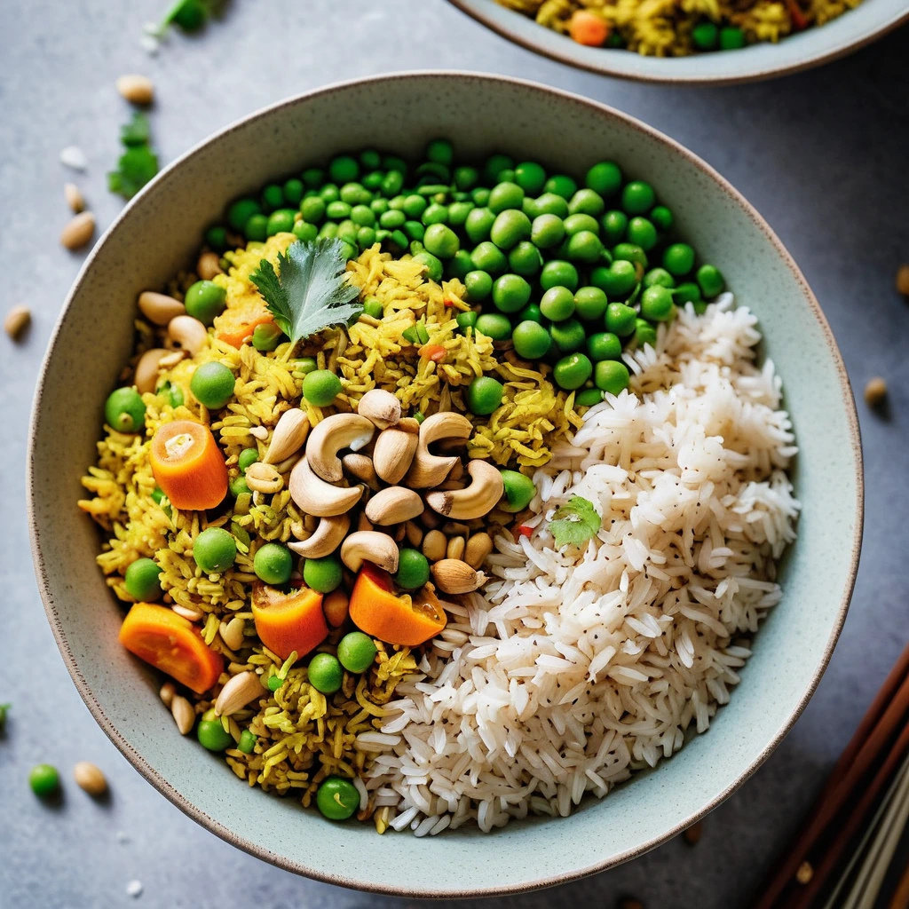 Bowl of vibrant yellow curry with green peas, carrots, and cashews scattered on top