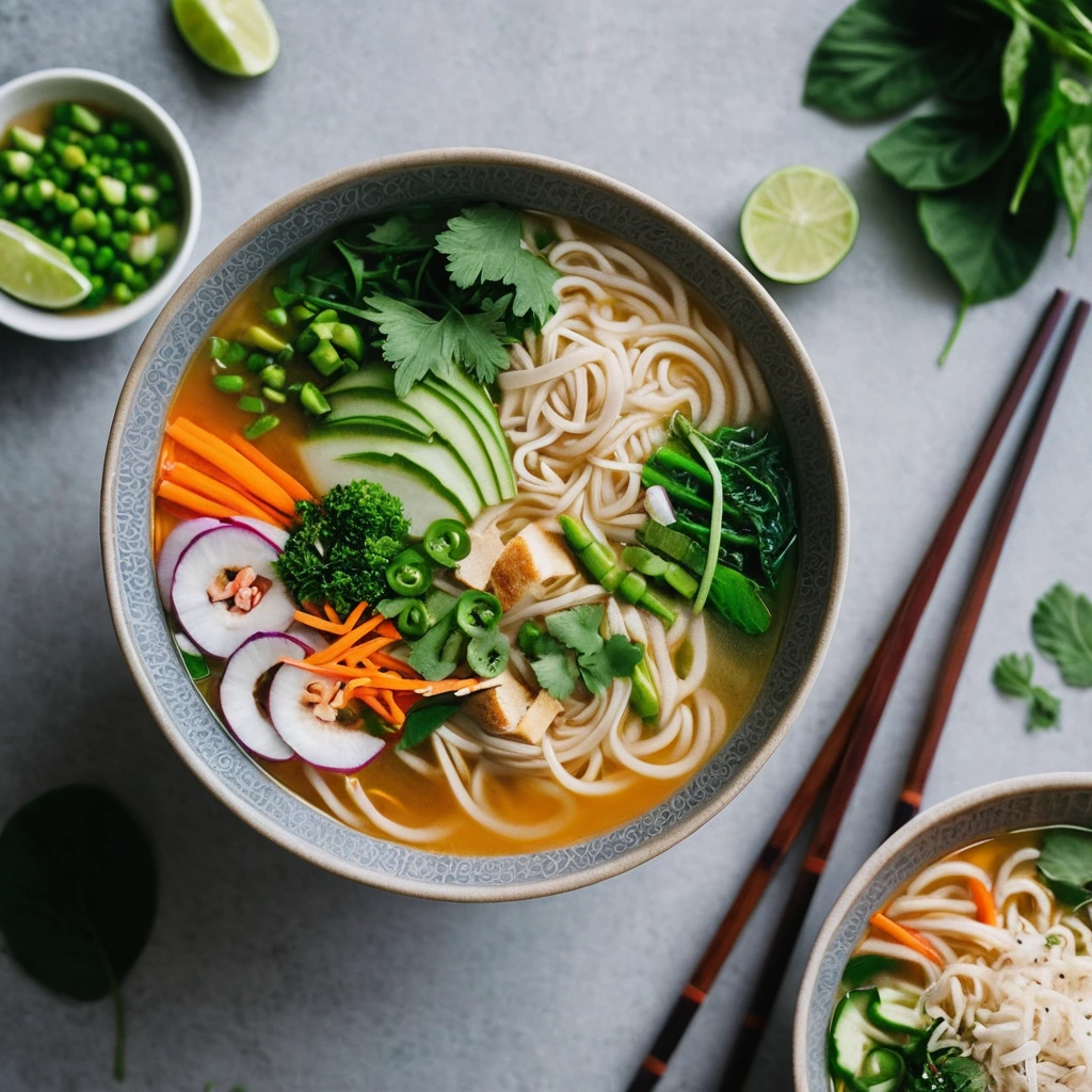 Steamy bowl of golden coconut soup with green vegetables and rice noodles