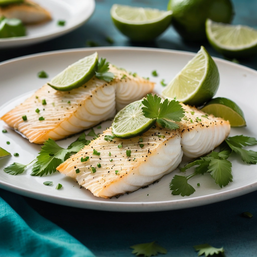 Golden-brown fish fillets on a plate, garnished with fresh cilantro, served with lime wedges.