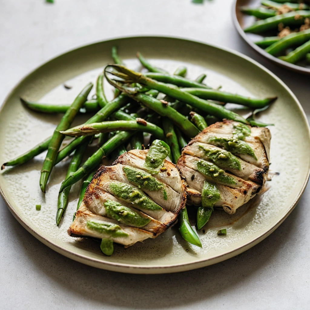 Golden chicken thighs with green beans on a platter, drizzled with creamy sauce, surrounded by charred green beans.