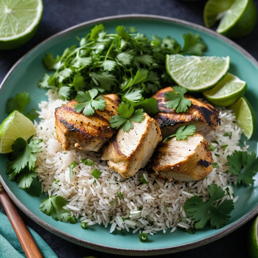 Golden chicken thighs nestled over vibrant green cilantro rice, garnished with fresh lime wedges and cilantro leaves.
