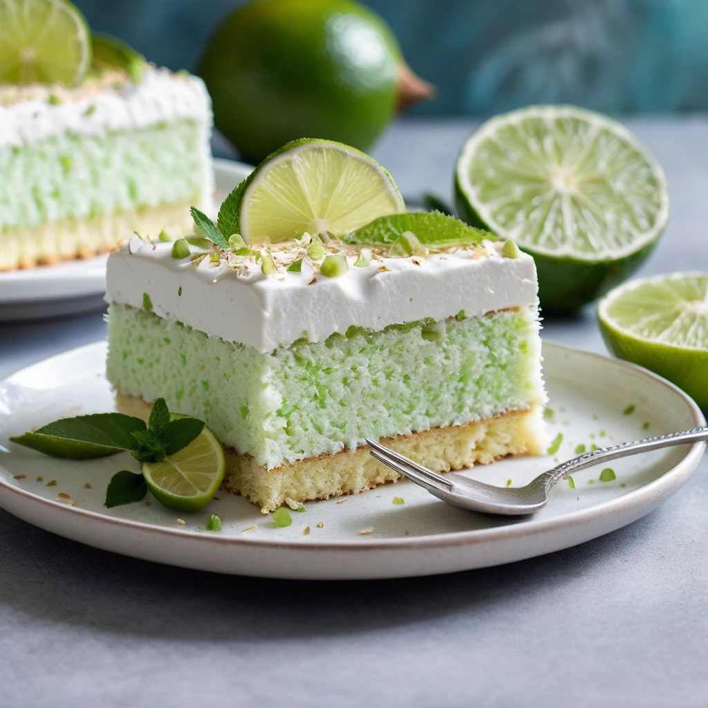 A rectangular cake in a glass dish with a creamy white topping speckled with green lime and flecks of coconut.