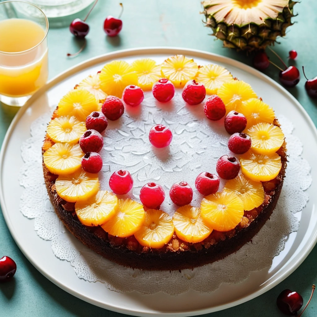 Golden cake with pineapple rings and cherries arranged in a circular pattern on top, dusted with coconut flakes