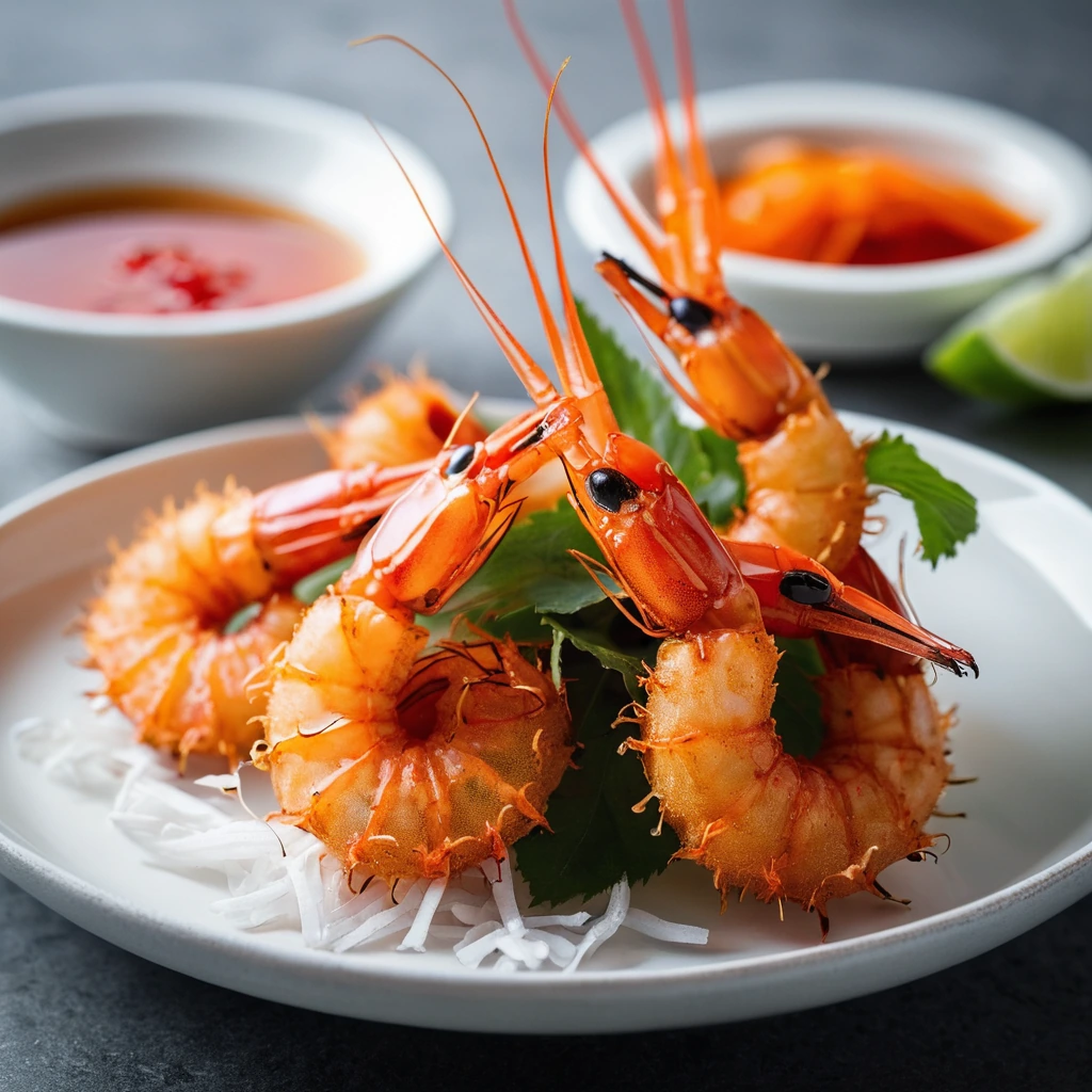 Plump shrimp coated in crispy coconut served with a vibrant orange drizzle of sweet chili sauce on a white plate.