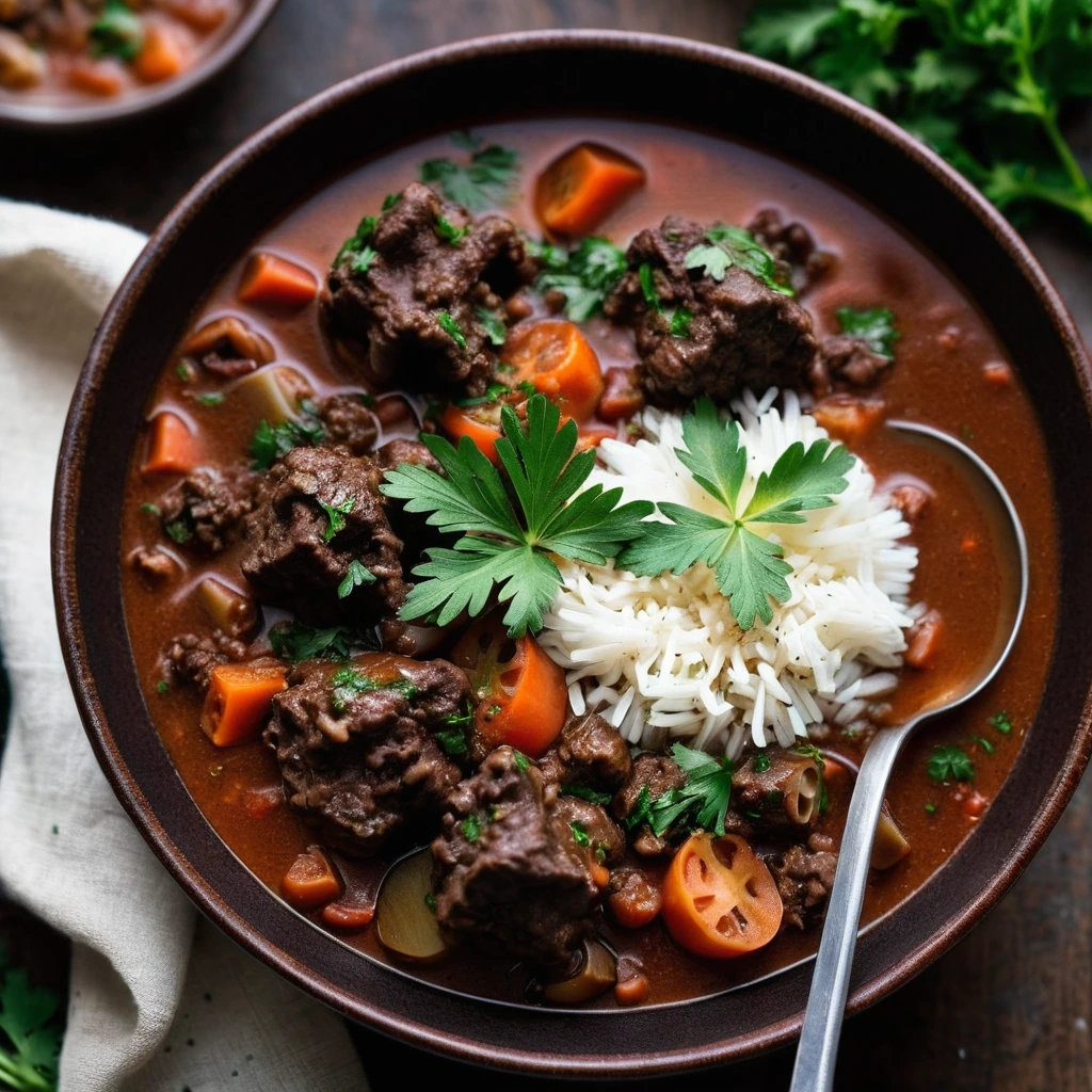 A rustic bowl of deep brown oxtail stew with tomato sauce, fresh parsley sprinkled on top