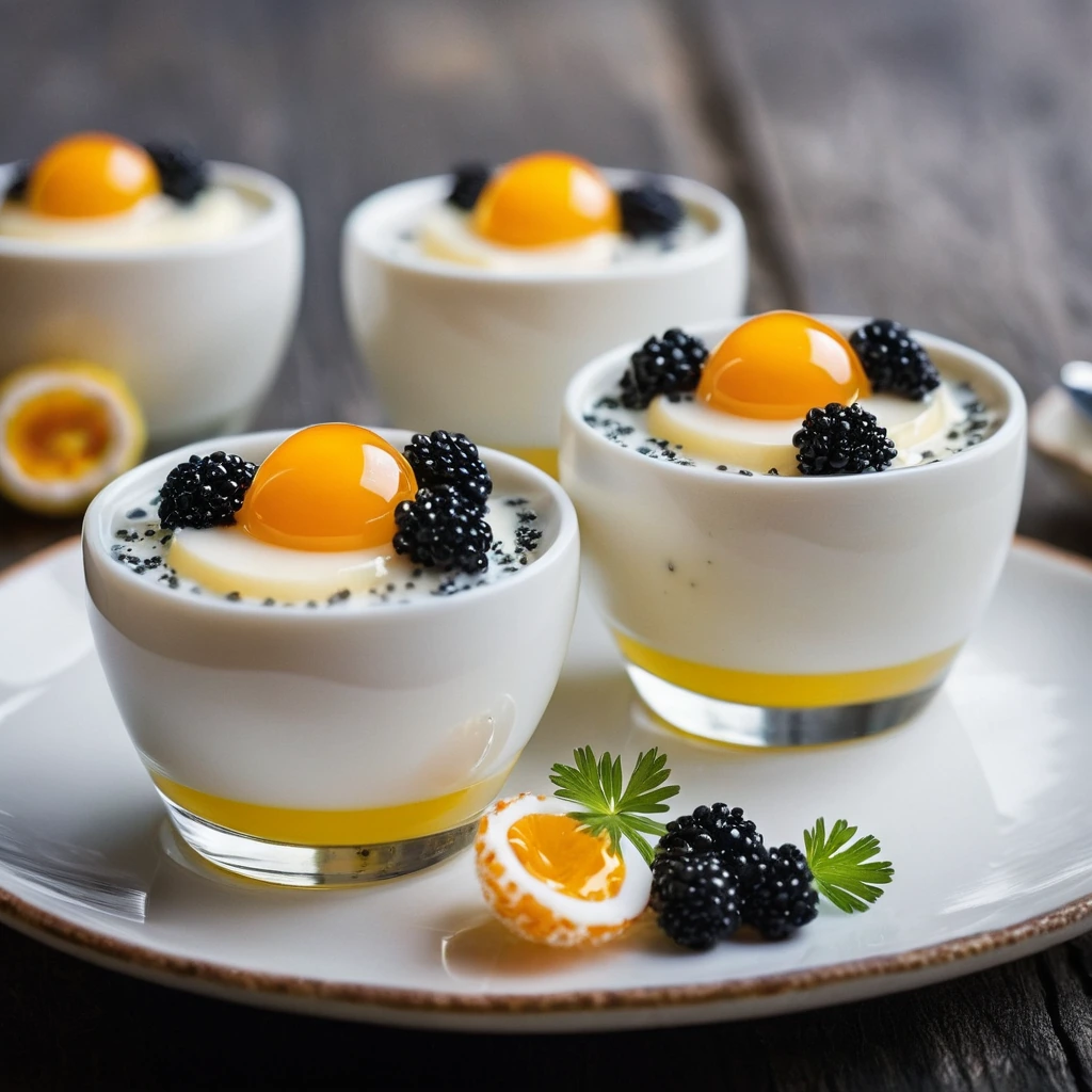 Two white bowls with golden yolks centered, garnished with black caviar on a wooden table.