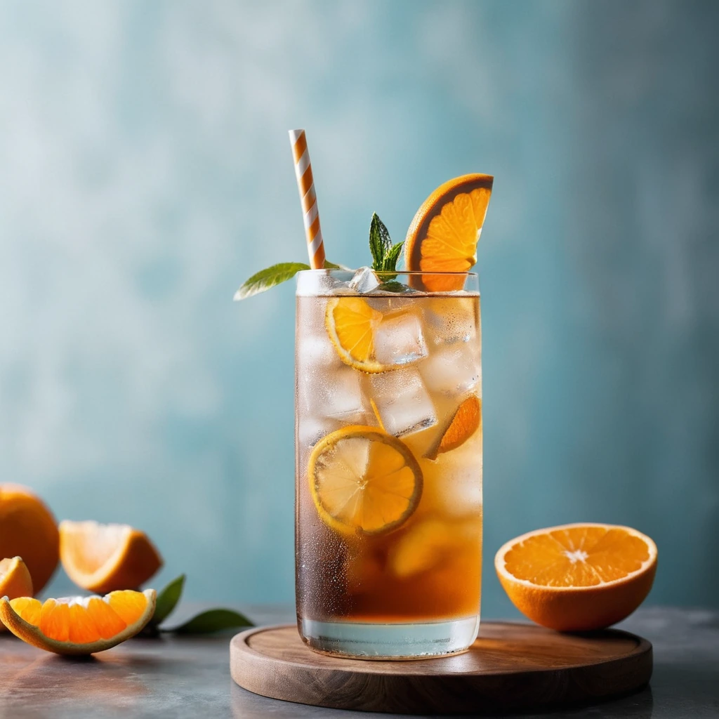 Clear glass filled with a light brown, fizzy drink garnished with an orange slice and a vanilla bean.