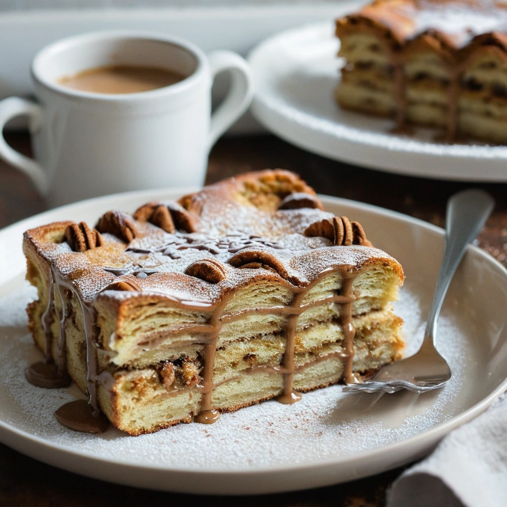 golden-brown french toast casserole with a drizzle of cookie butter on top served in a baking dish