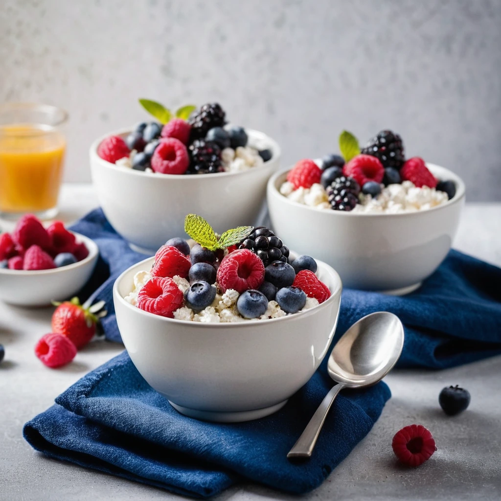 Two white bowls filled with creamy cottage cheese topped with vibrant mixed berries and a drizzle of honey.