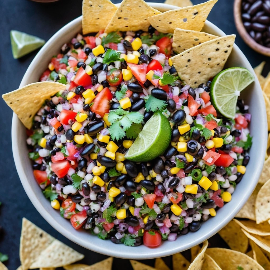 Colorful dip in a bowl with black beans, corn, and diced tomatoes, surrounded by golden tortilla chips.