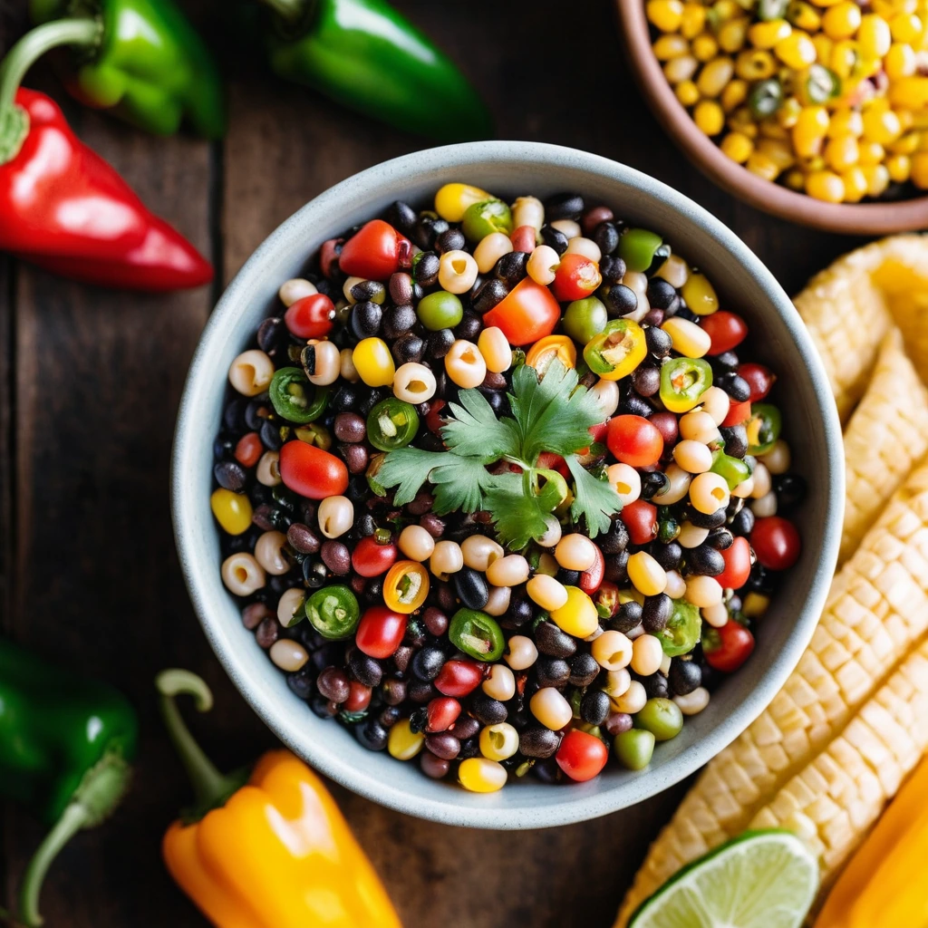 Colorful bowl of cowboy caviar with red, green, and yellow flecks of peppers, corn, and beans.
