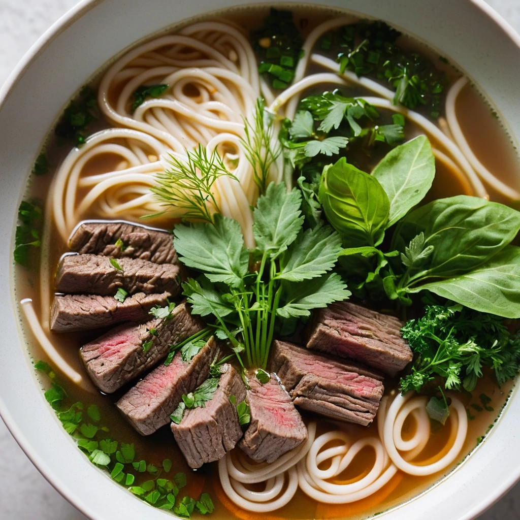 Bowl of beef noodle soup with vibrant green herbs floating in a golden broth.