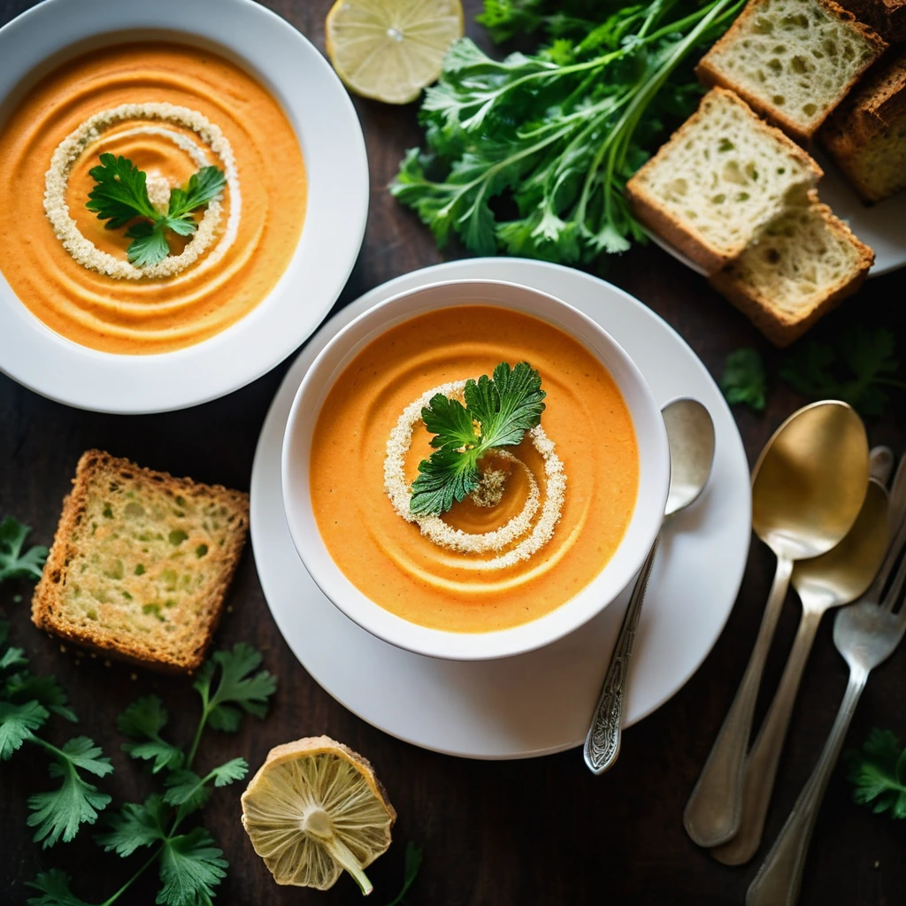 Creamy orange bisque in a bowl with golden croutons on top and fresh parsley garnish.