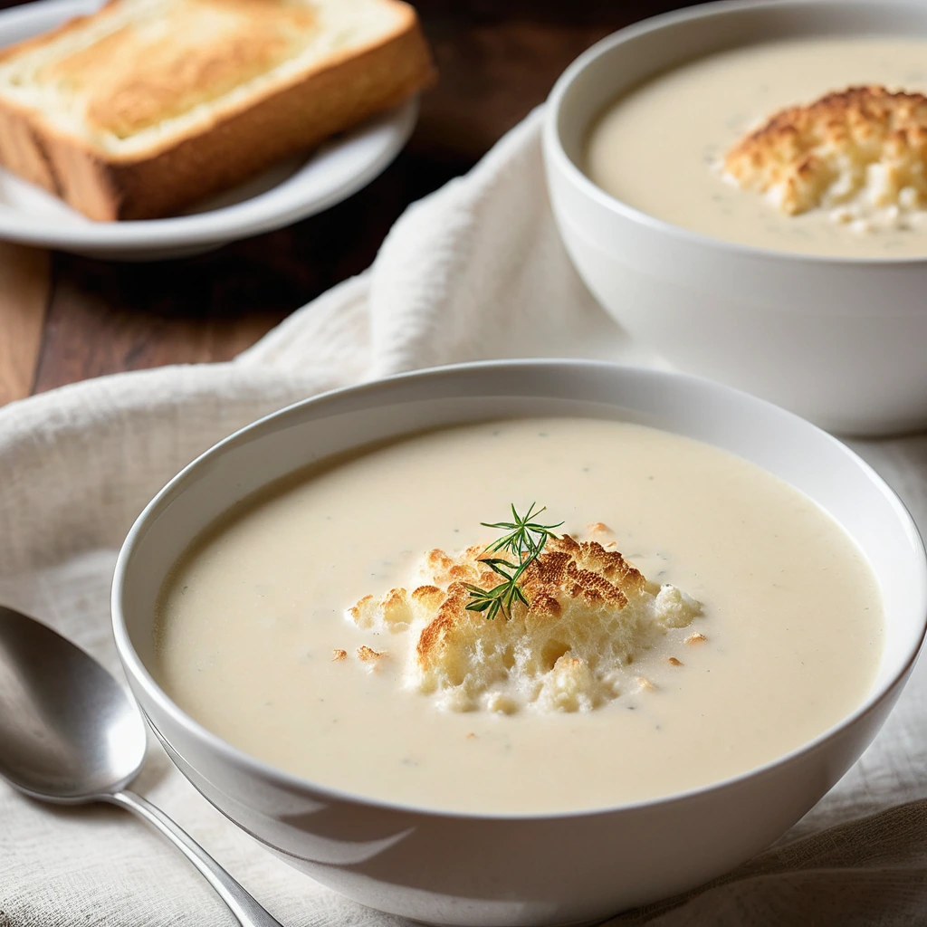 A bowl of creamy white bisque topped with melted golden toasted cheese bread.