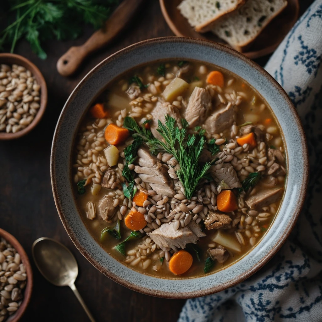 Steaming bowl of golden-brown stew with chunks of chicken and barley