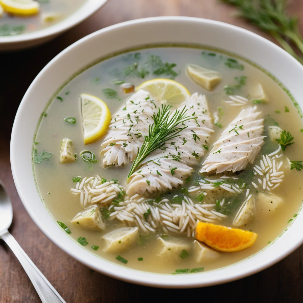 Steamy bowl of golden chicken soup with white rice, green dill sprigs, and lemon slices.