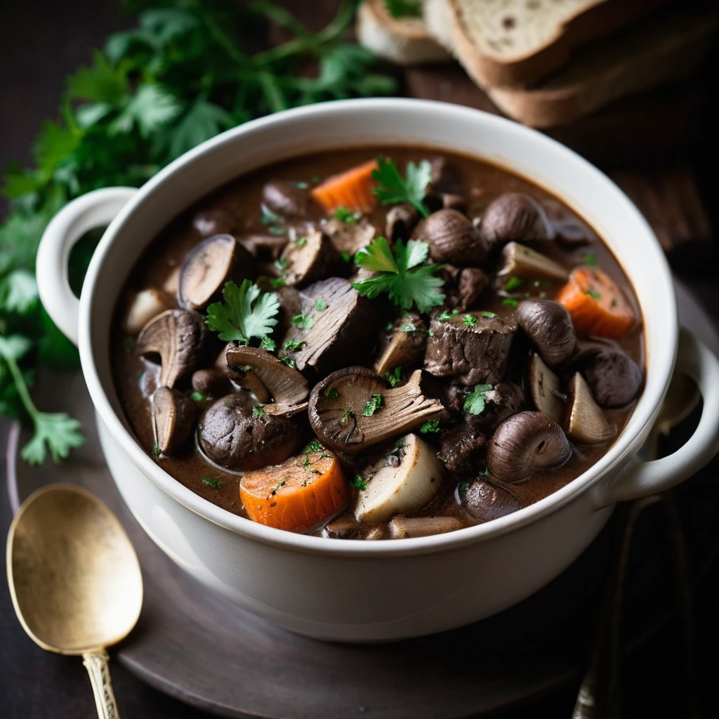 Steaming bowl of dark brown stew with chunks of beef and mushrooms, sprinkled with fresh parsley.