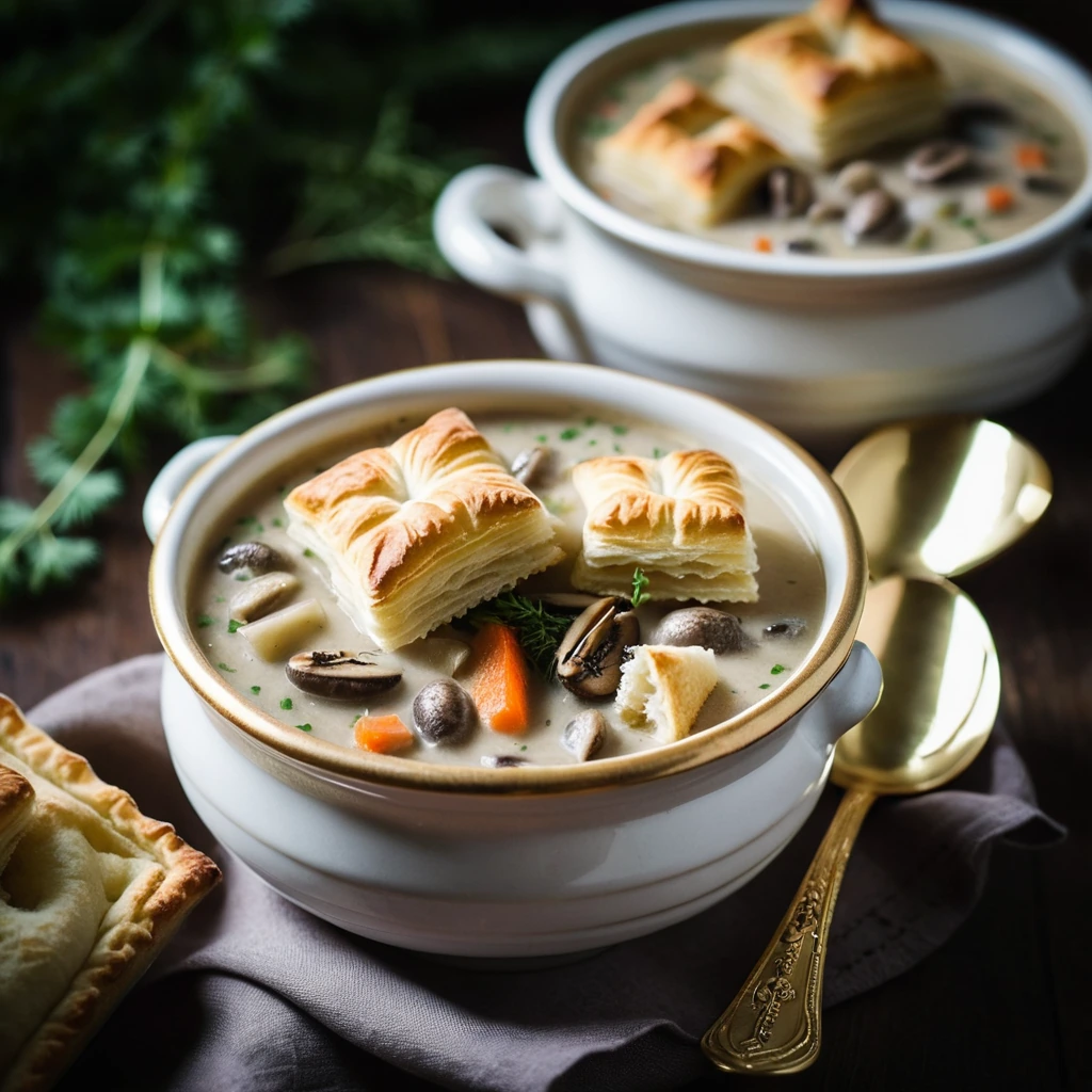 Bowl of creamy mushroom soup topped with golden puff pastry croutons, garnished with fresh thyme.