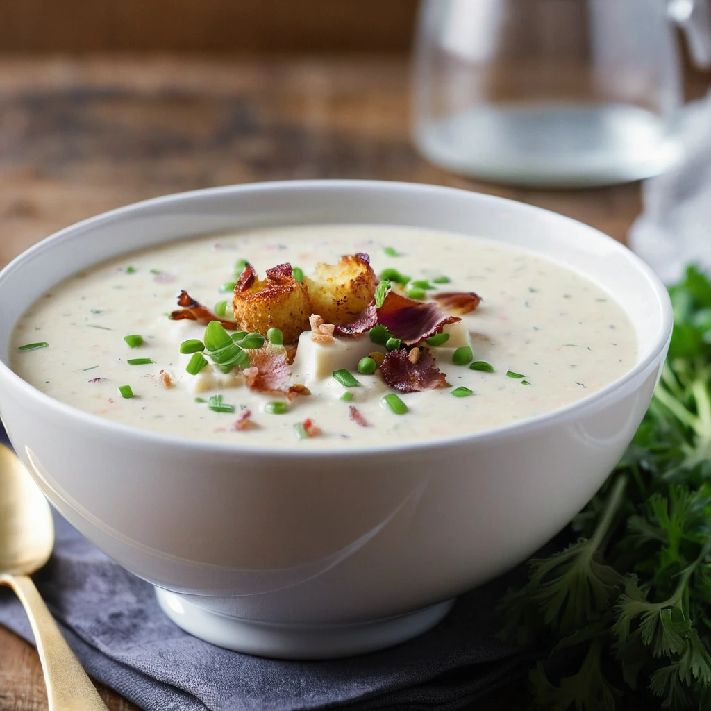 Creamy white chowder in a rustic bowl topped with golden crispy bacon bits and green chives