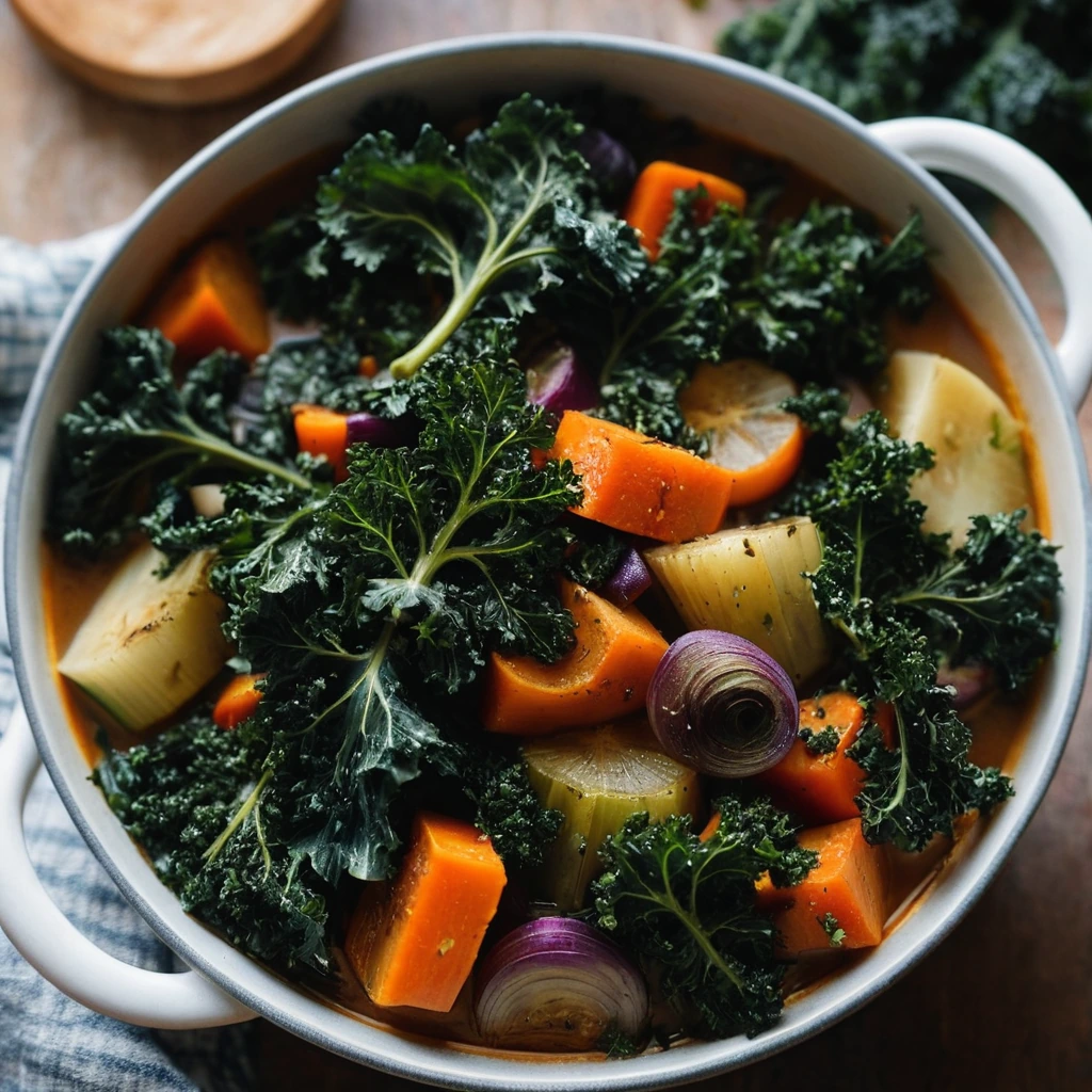 Steaming bowl of colorful roasted vegetables and kale in a thick stew.