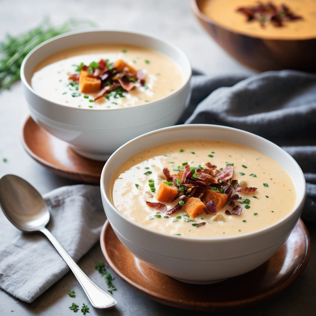 Bowl of creamy orange chowder topped with crispy bacon bits and fresh chives