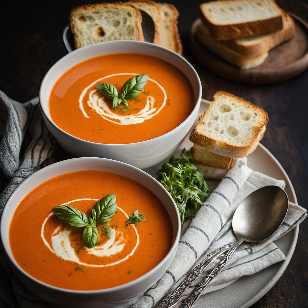 A steaming bowl of vibrant orange tomato bisque garnished with fresh herbs, accompanied by golden toasted cheese bread slices.