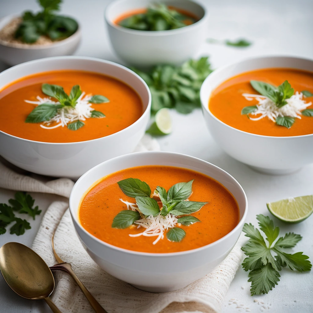 Golden-orange soup in a white bowl, garnished with fresh cilantro and a drizzle of coconut milk.