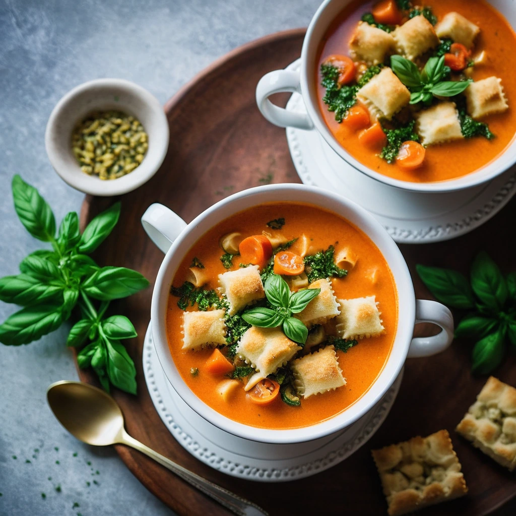 Steamy bowl of golden-orange soup topped with golden croutons and fresh parsley.