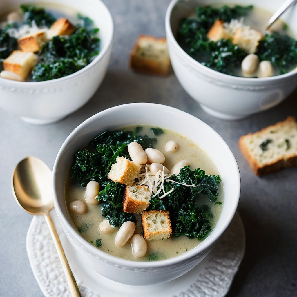 Steaming bowl of white bean soup with kale and golden croutons on top