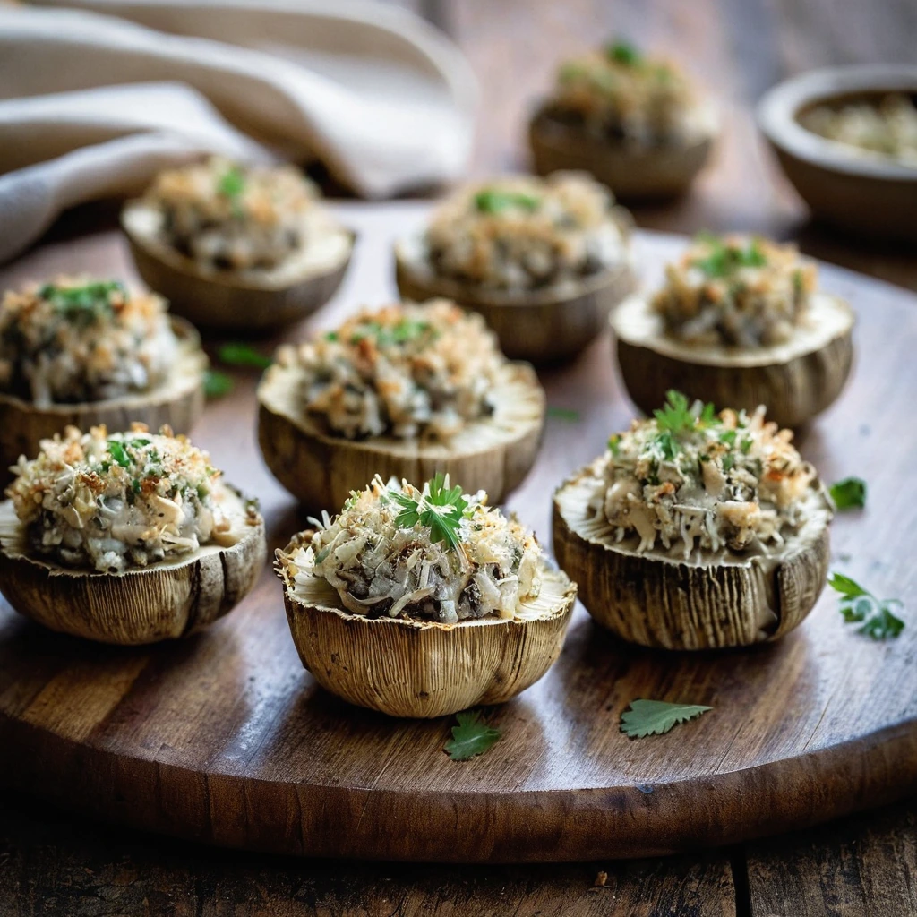 Baked mushroom caps filled with a golden, lump crab and parmesan mixture, arranged on a rustic wooden board.