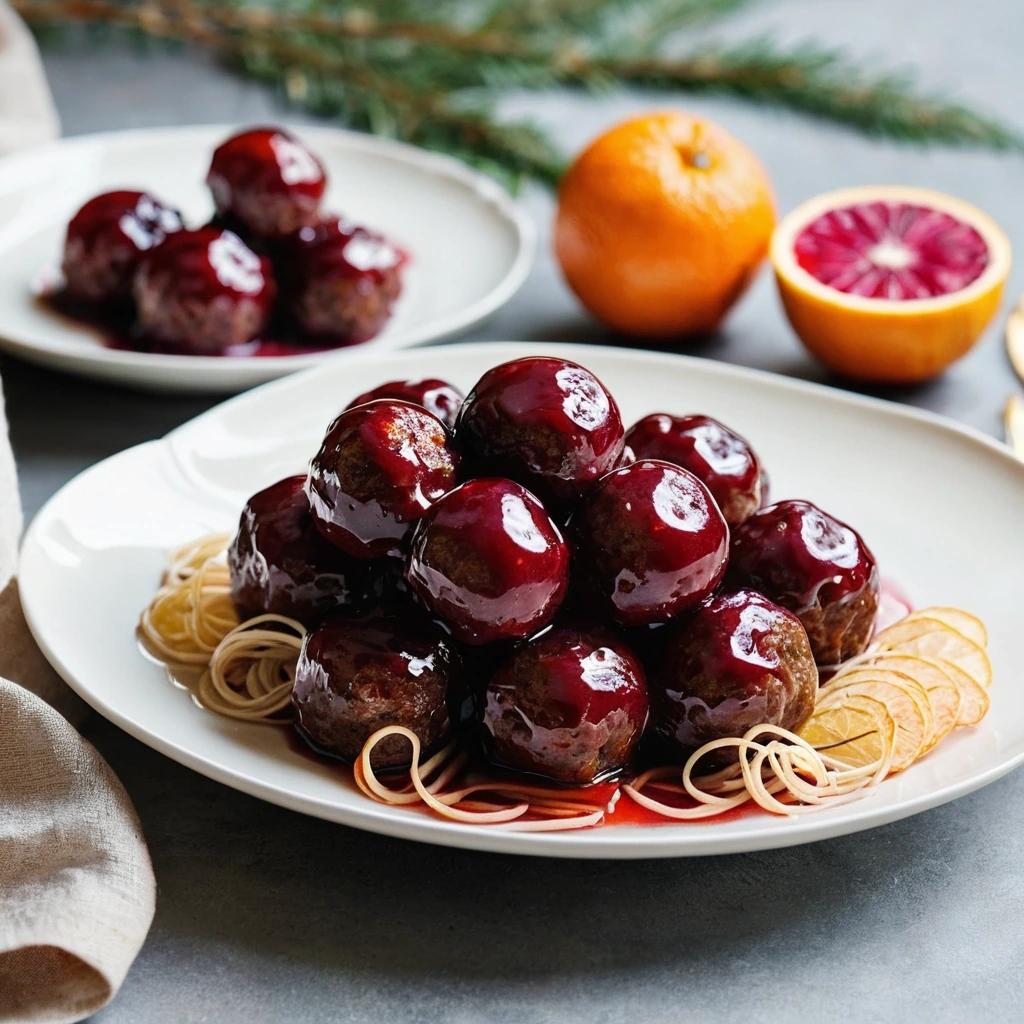 Golden brown meatballs in a glossy red and orange glaze, garnished with fresh orange zest on a white plate.