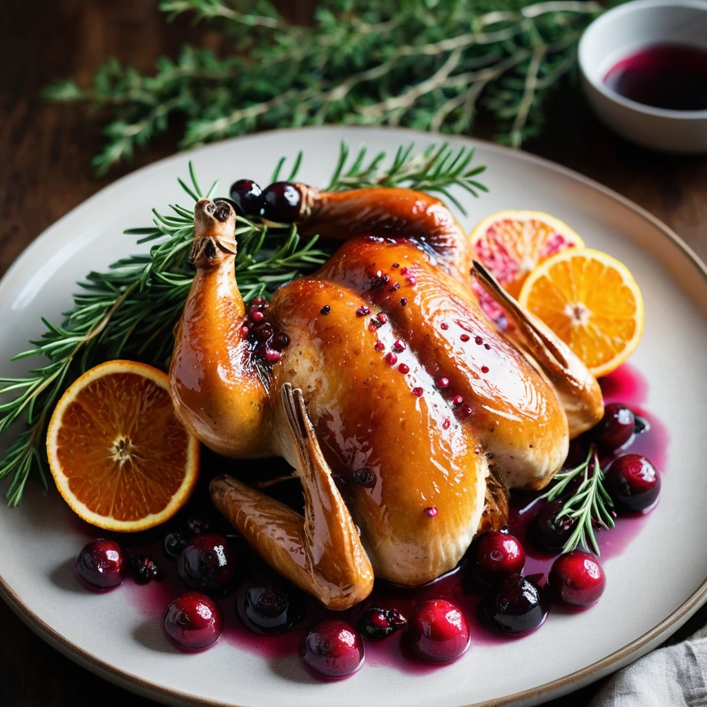 Golden roast chicken on a platter with vibrant cranberry-orange glaze, surrounded by fresh thyme sprigs.