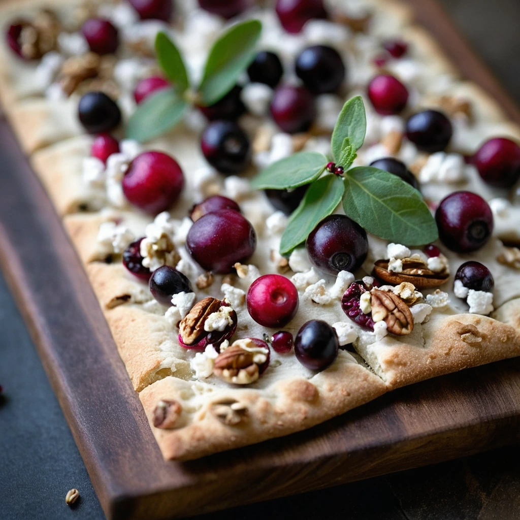 Golden flatbread topped with vibrant cranberries, toasted walnuts, and creamy goat cheese, arranged on a rustic wooden board.