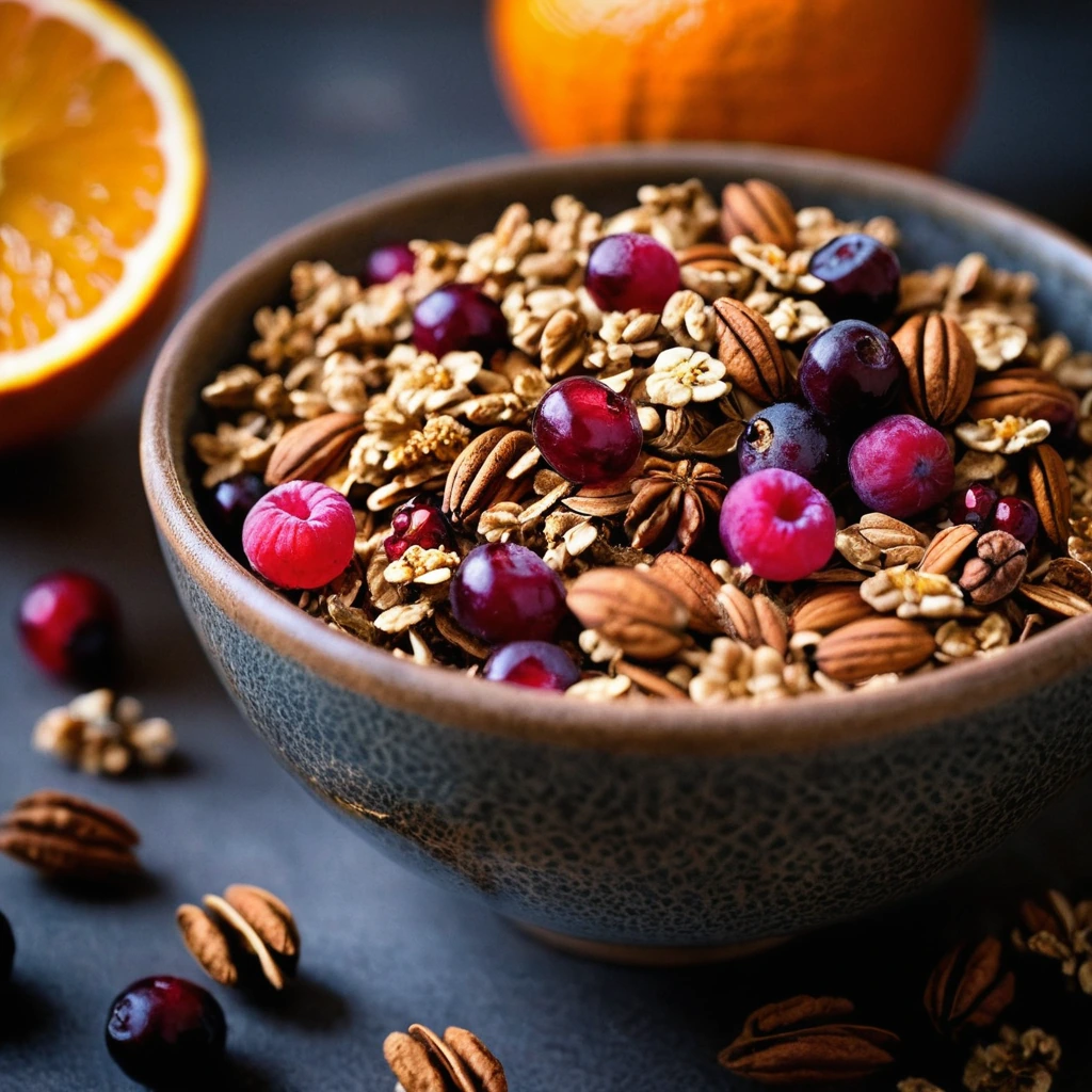 Golden granola clusters with crimson cranberries, nestled in a rustic bowl, garnished with orange zest.