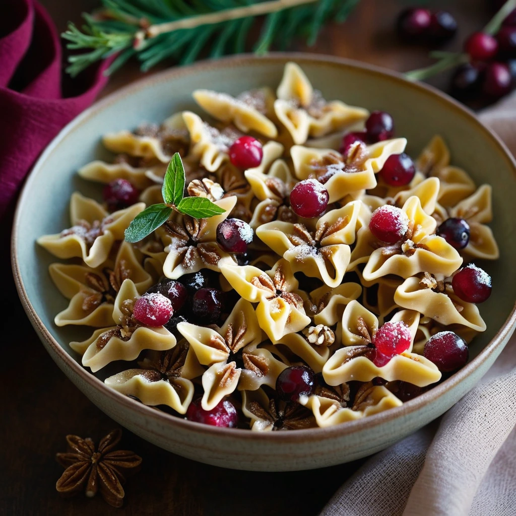 Vibrant orange and red farfalle pasta with green herbs, topped with cranberries and walnuts in a bowl.
