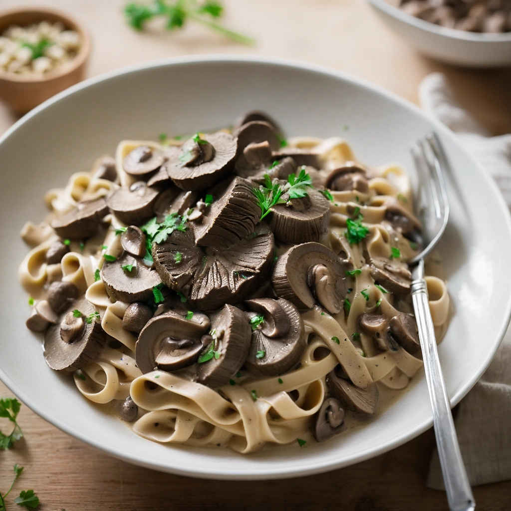 Creamy stroganoff sauce over golden egg noodles topped with sliced mushrooms and beef.