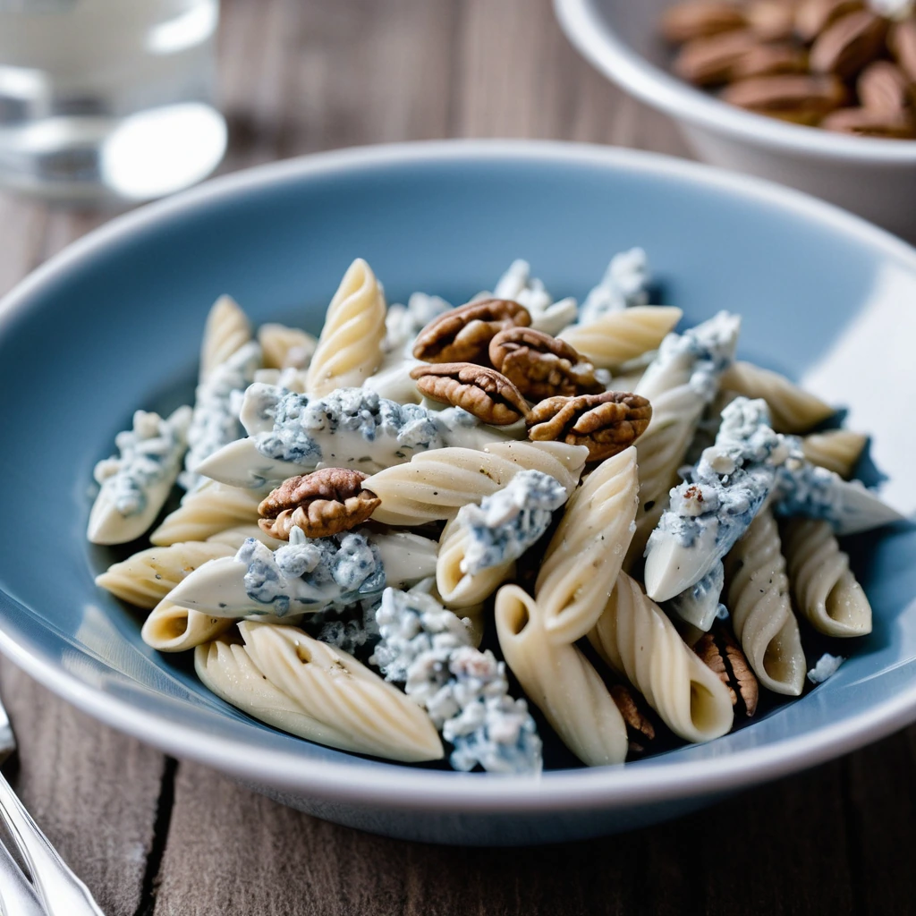 Penne pasta in a creamy blue cheese sauce with toasted walnuts sprinkled on top, served in a white bowl.