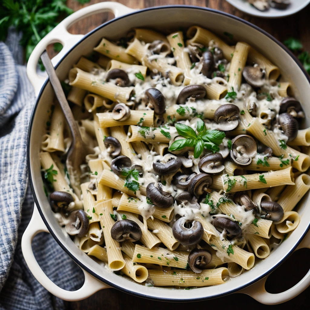 Baked pasta topped with melted cheese, mushrooms, and a sprinkle of parsley in a golden casserole dish.