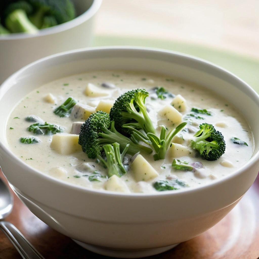 Steamy bowl of creamy chowder with green broccoli florets and chunks of white potato, sprinkled with fresh chives.