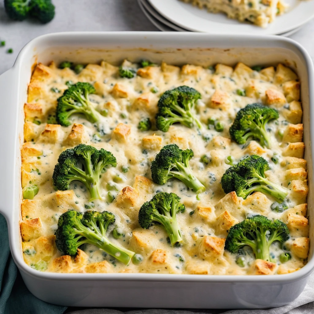 A bubbling casserole in a baking dish, topped with melted cheddar cheese and broccoli florets.