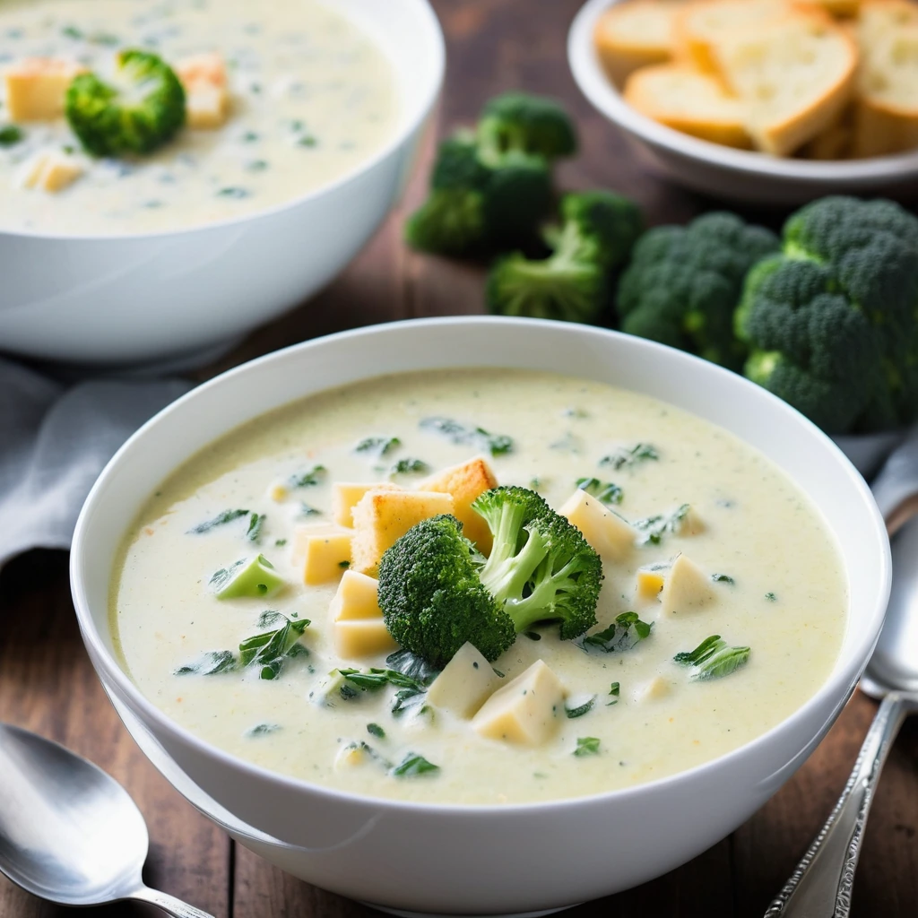 Steaming bowl of creamy soup with chunks of potato and broccoli, topped with melted cheddar.