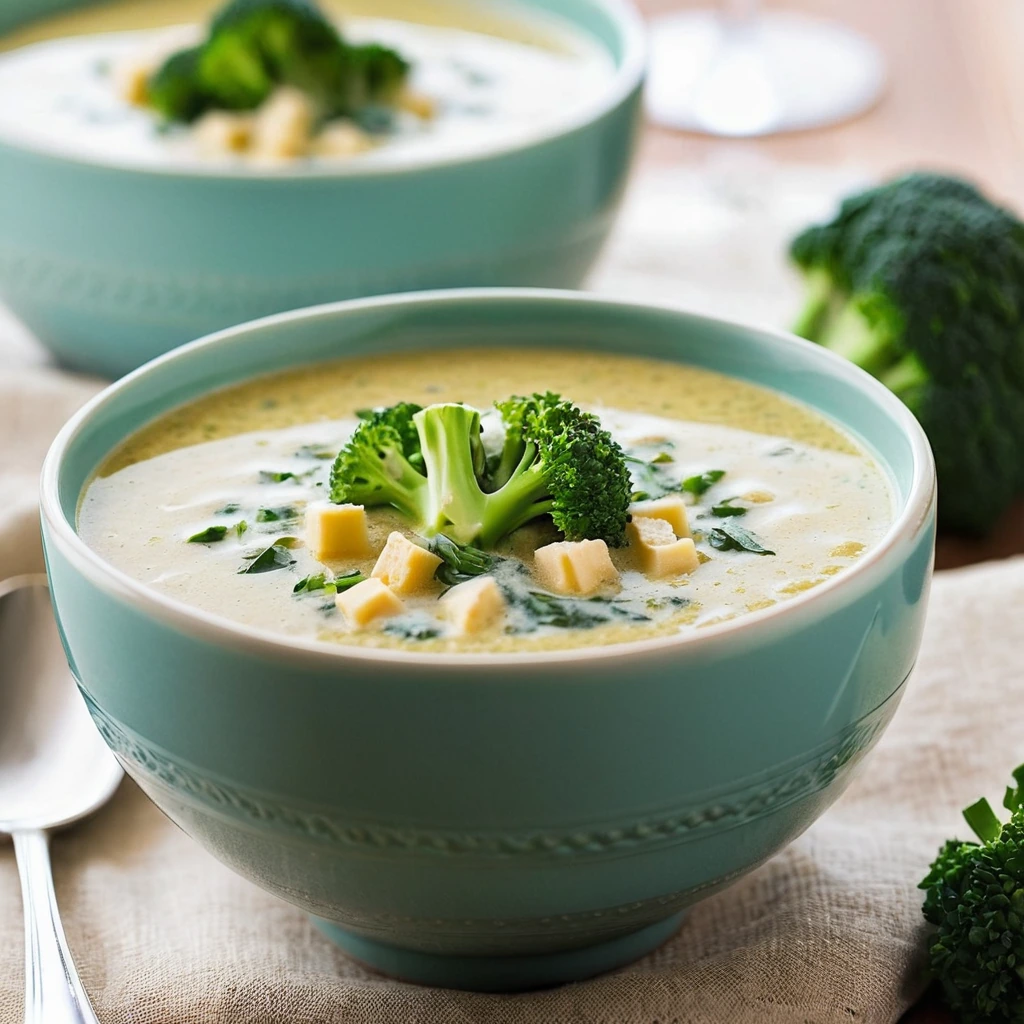 Steamy bowl of creamy golden soup with green broccoli florets and white quinoa chunks, topped with melted cheddar cheese.