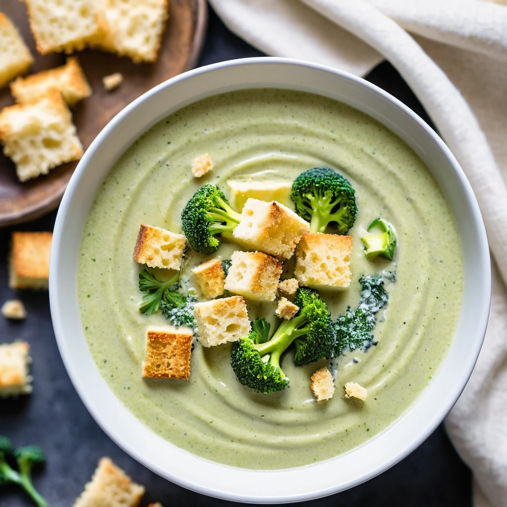 A bowl of creamy, golden-orange soup with green broccoli pieces and golden croutons sprinkled on top.