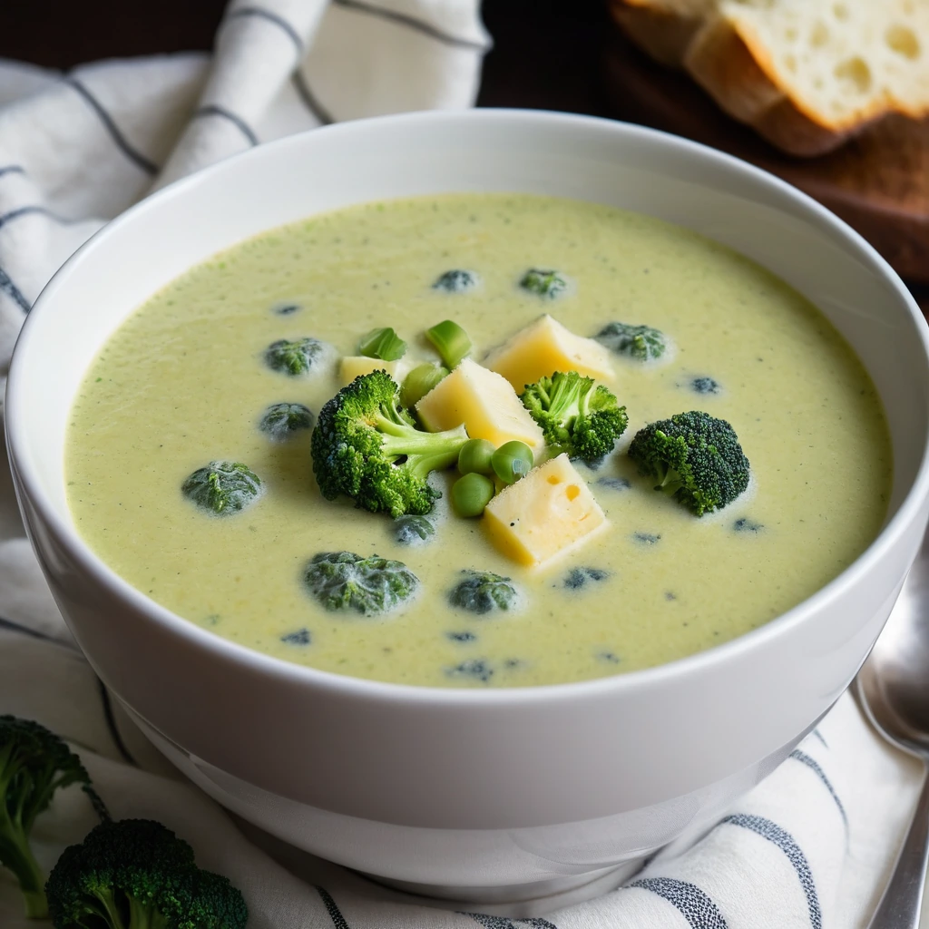 Steaming bowl of creamy orange soup with green broccoli florets and white potato chunks.