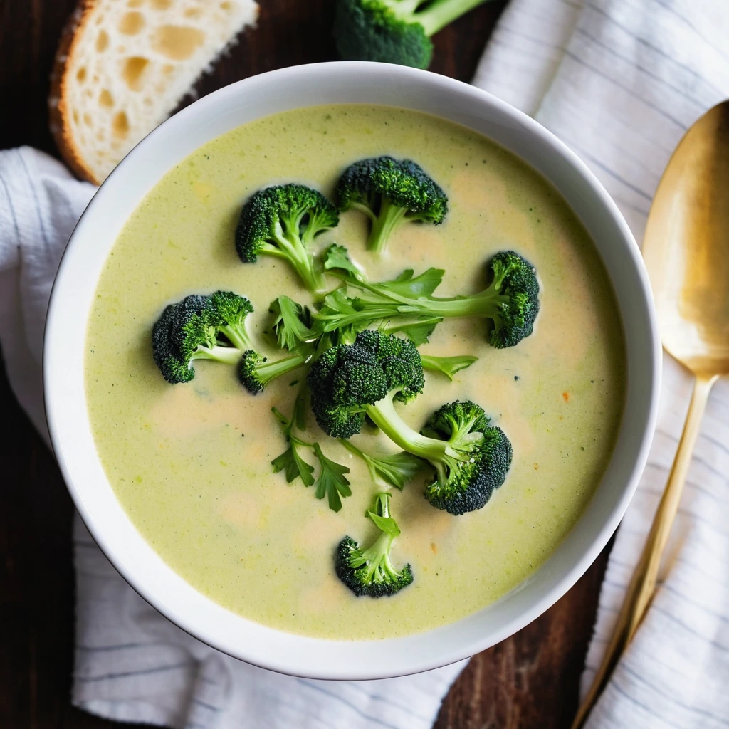 steaming bowl of creamy golden soup with green broccoli florets and melted cheddar cheese