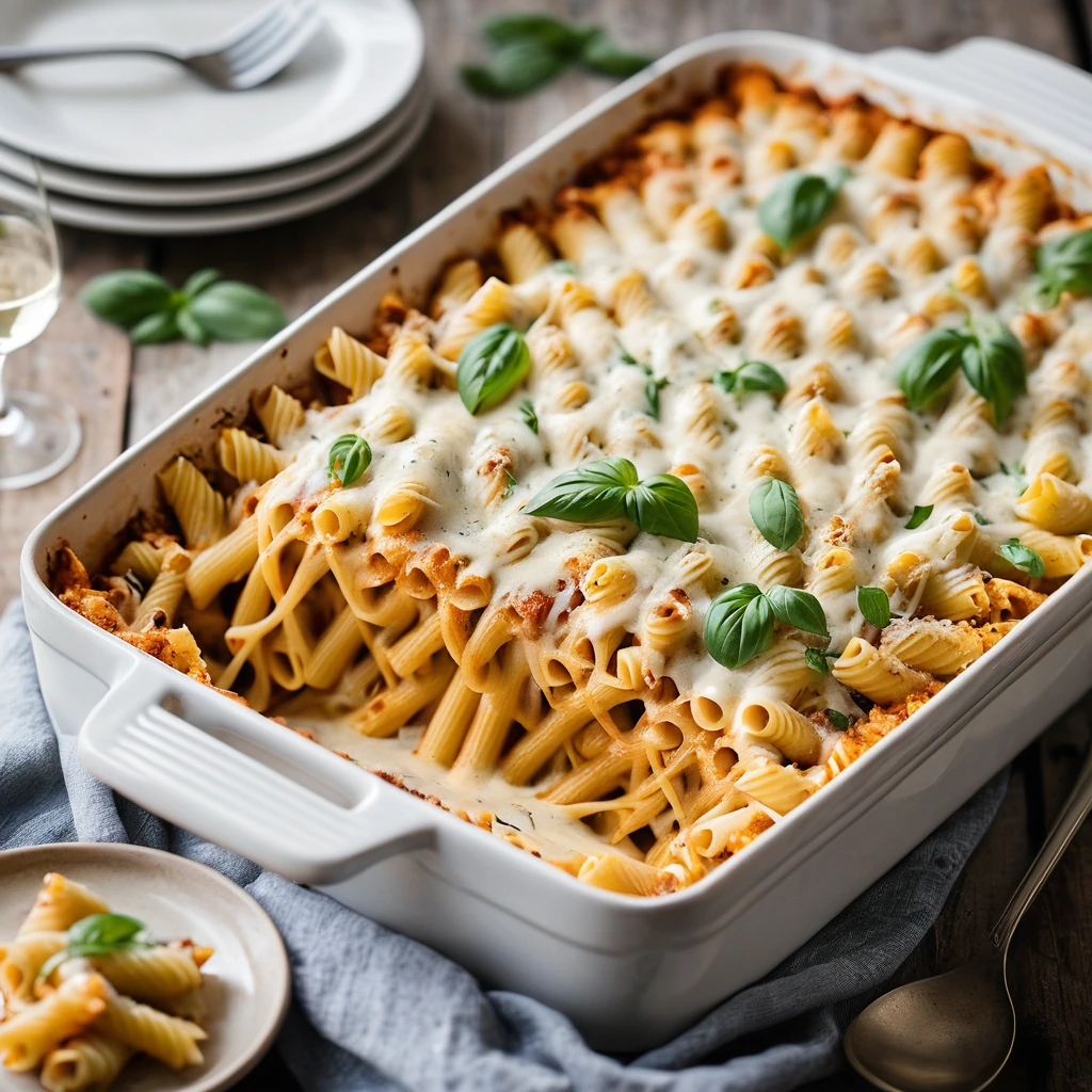 Baked pasta casserole with a golden, bubbly cheese topping in a rectangular baking dish.