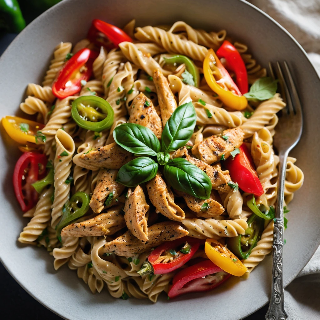 Creamy pasta in a bowl topped with chicken and colorful bell peppers.