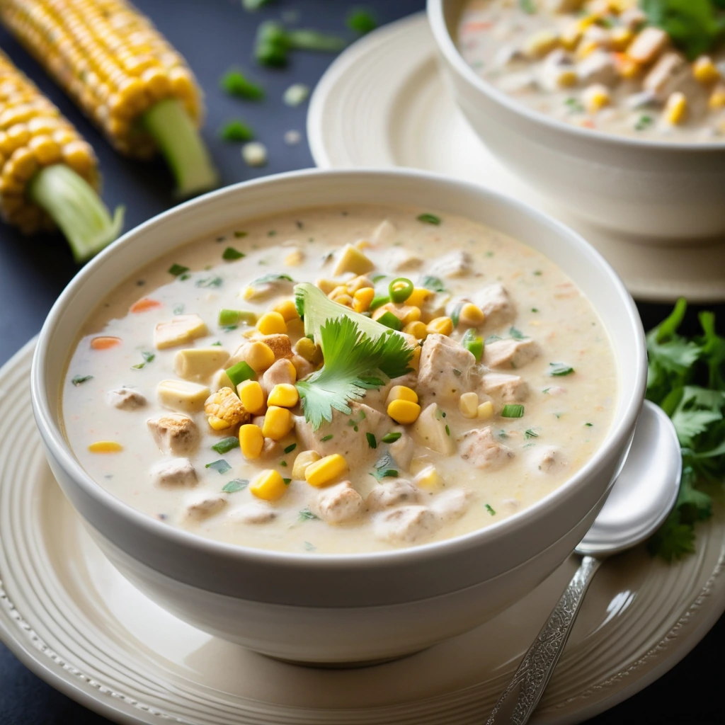 Bowl of creamy golden chowder with chunks of chicken and corn, garnished with green scallions.