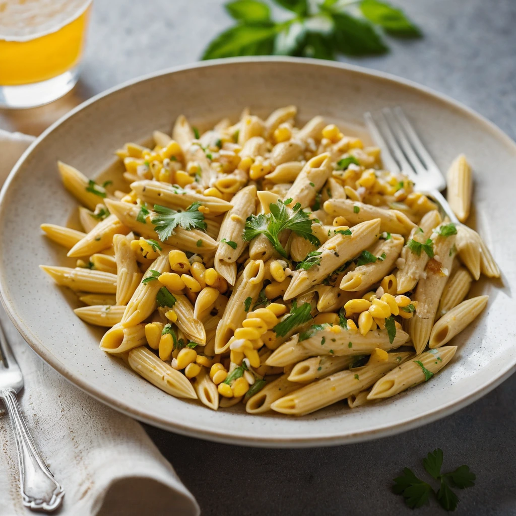 Penne pasta in a creamy orange sauce with chunks of chicken and corn, sprinkled with fresh parsley.