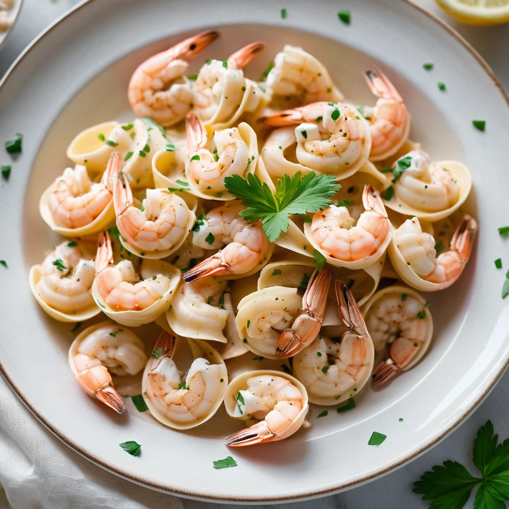 Golden pasta shells filled with creamy white sauce and plump pink shrimp, sprinkled with parsley.